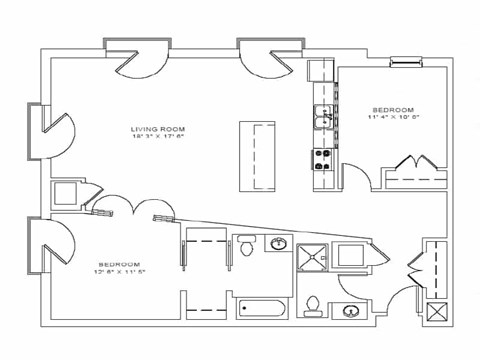 Floor plan for 2 beds, 2 baths, 1107 sqft